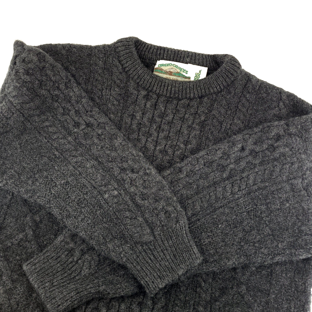 VTG Aran Crafts Ireland Wool Cable Knit Sweater XL Charcoal Gray Fisherman
